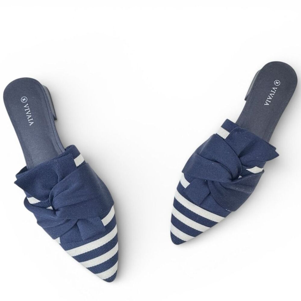 Vivaia Yaffa Pointed-Toe Knot Mule Sandal Navy White Striped Knit Upper EU 43